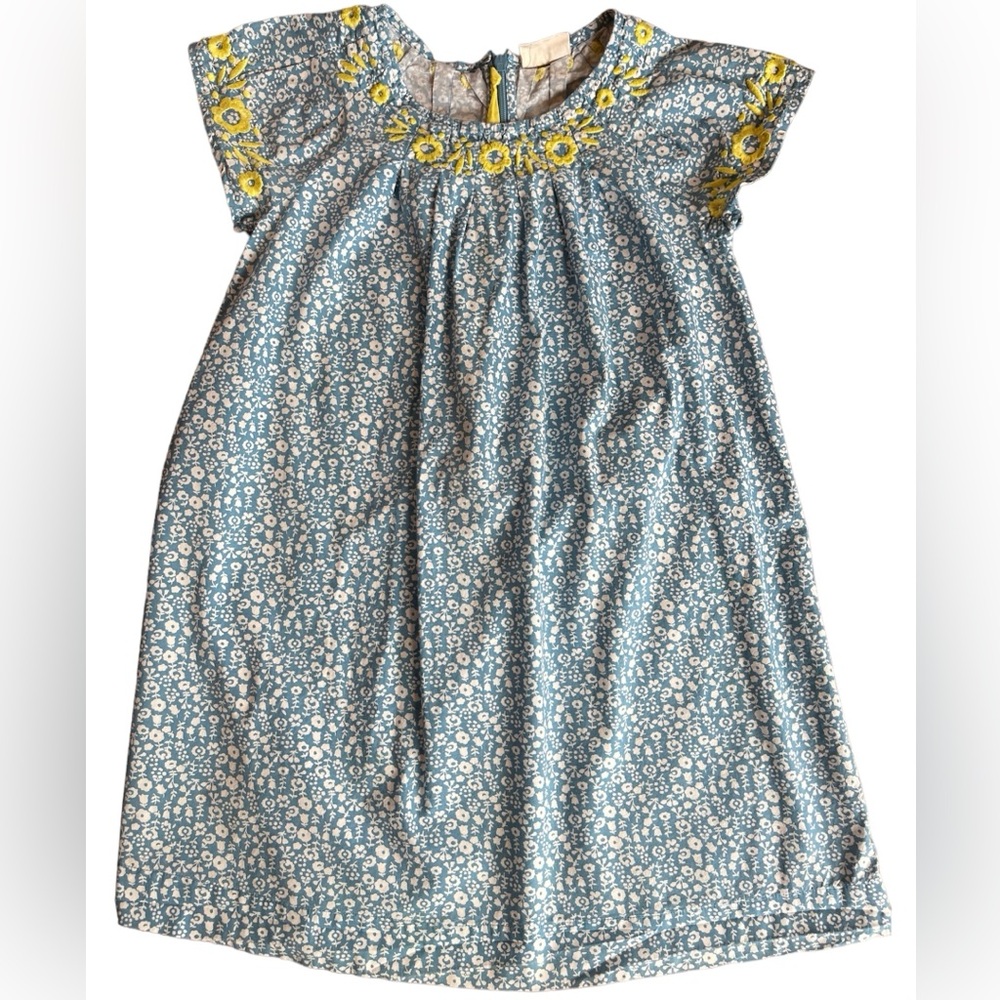 MINI BODEN: Blue/White Floral Dress with Embroidered Neck/Sleeves, Size 7-8Y